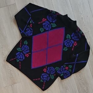 Vintage Casual Corner Floral Rose Argyle Mock Neck Sweater, Med